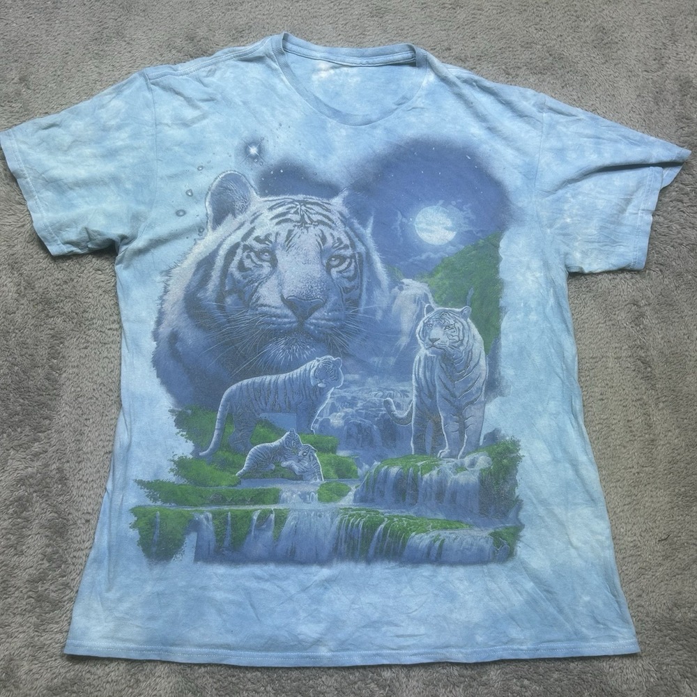 Liquid Blue White Tiger T-Shirt Men's L Blue Tie‎ Dye Nature Wildlife All Over